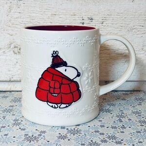 Peanuts Snoopy Puffer Jacket Snowflakes Coffee‎ Mug Cup White Red NEW